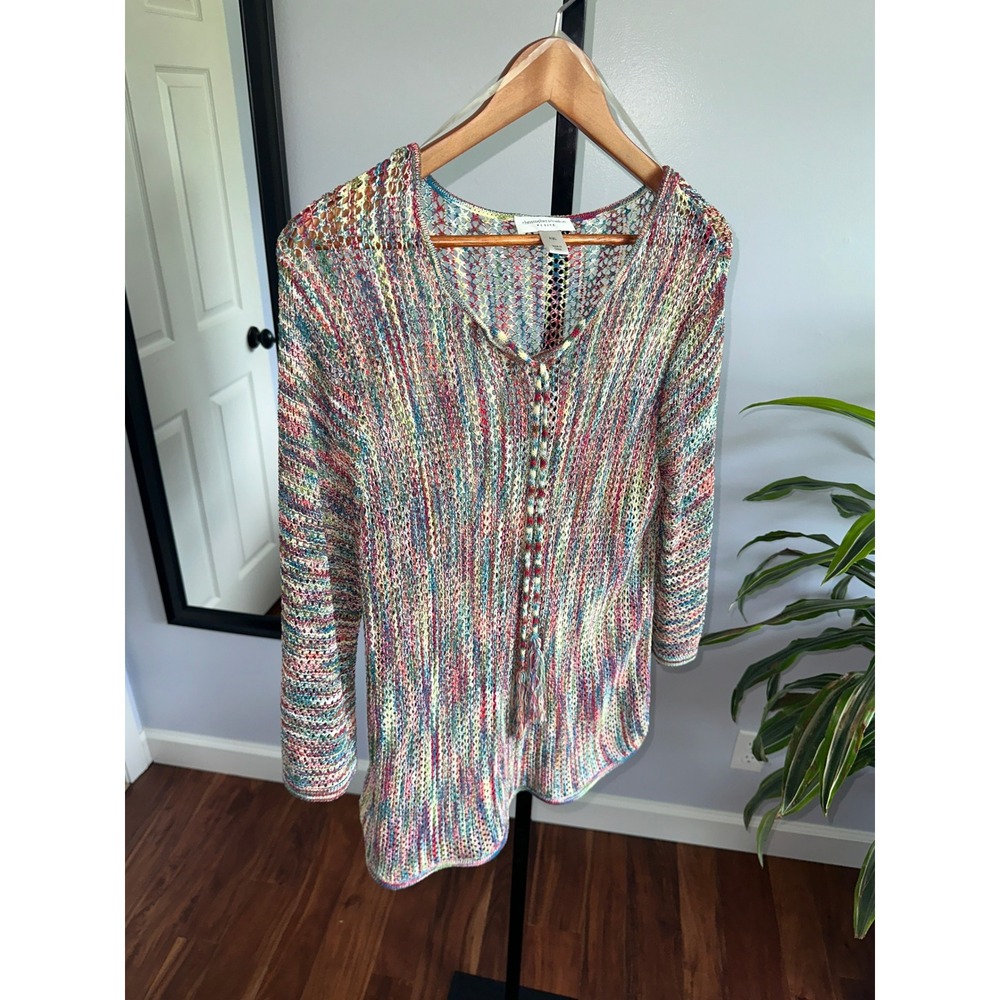 Crochet Knit Top Swim Cover up Dress Multi Color Open Weave Tassel S/M - Picture 6 of 7
